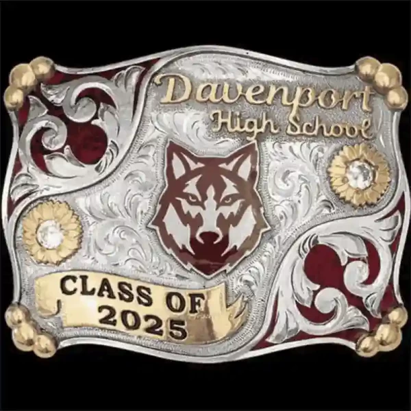 The Carson Graduation Buckle is the perfect graduation gift for your cowboy or cowgirl. Detailed with our signature crushed turquoise base and a glamourous golden banner. You did it! It's time to celebrate!